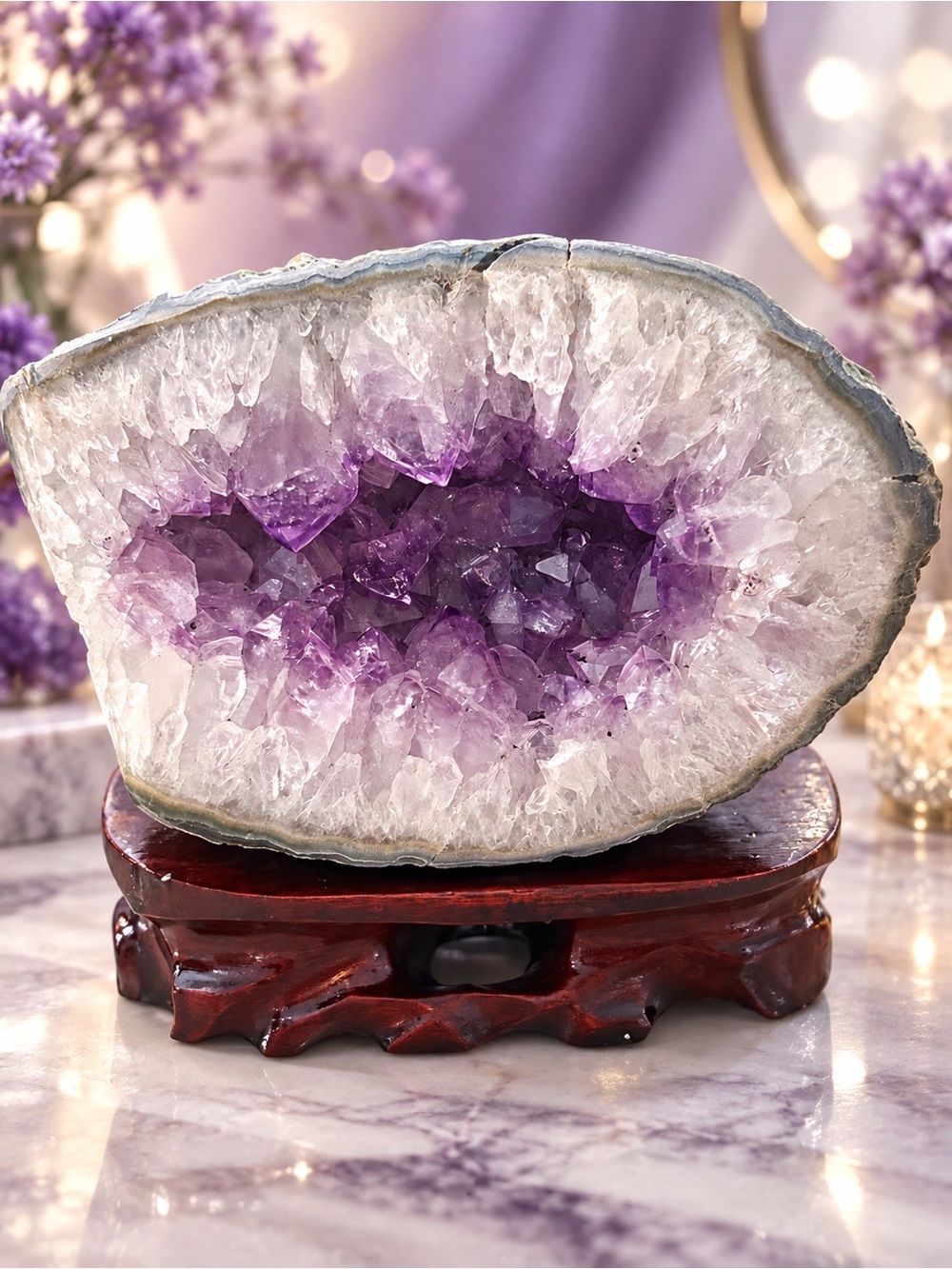 Natural Amethyst Geode 1417g / 3.12lbs w/Wooden Stand Purple Quartz Home Decor